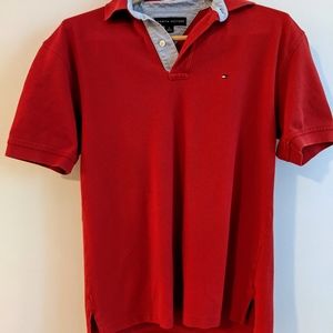 🎉 TOMMY HILFIGER Red Polo Shirt Chambray Detail
